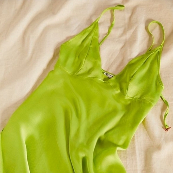 Free People Intimately Lime Neon Green Hang On Halter Tie Satin Slip Mini Dress - Picture 3 of 13